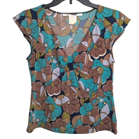 Vintage Max Studio Slinky Brown & Teal Mod Floral V-Neck Cap Sleeve Top S - Picture 2 of 5
